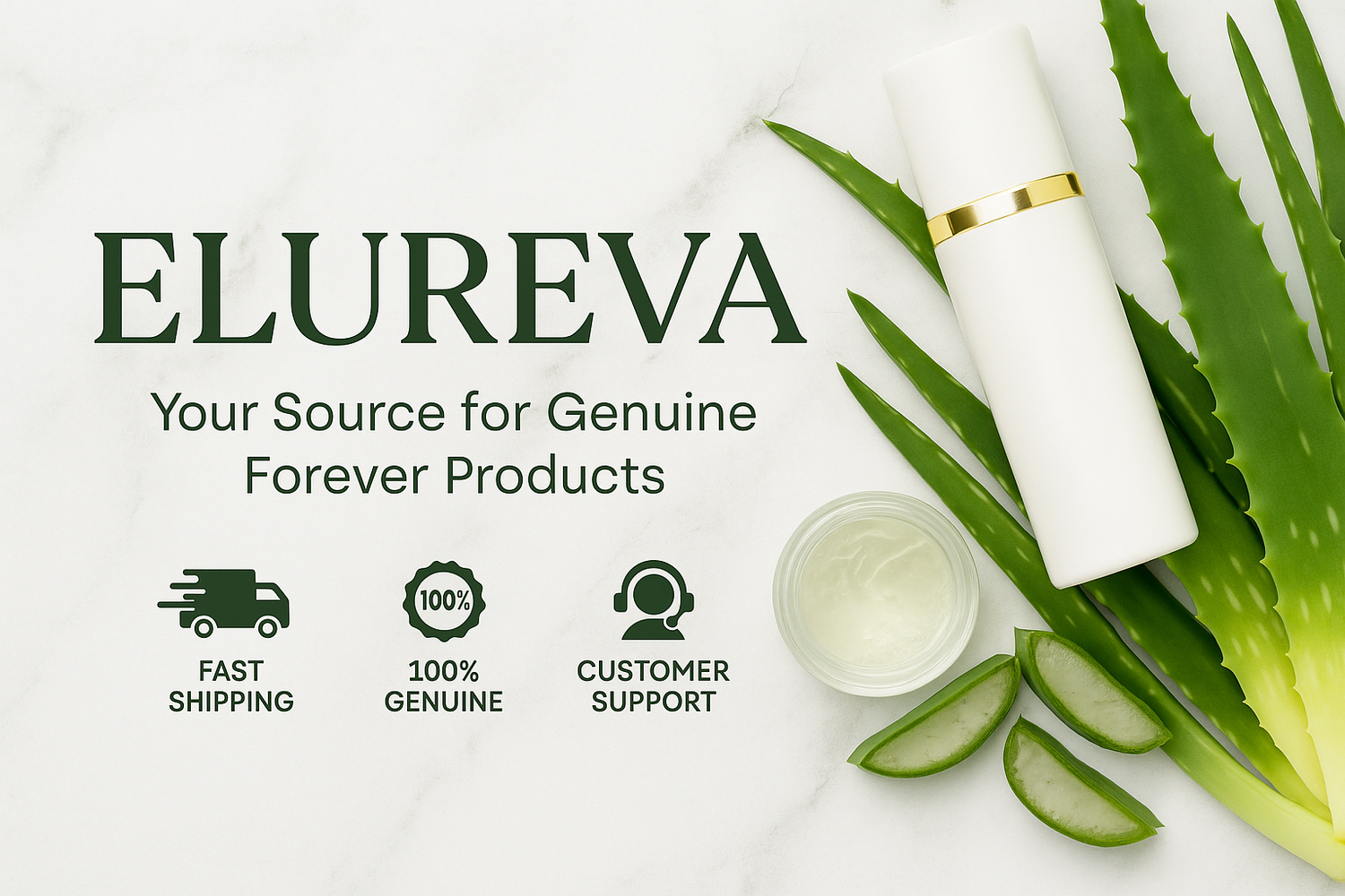 Elureva branding with aloe vera products on a white background