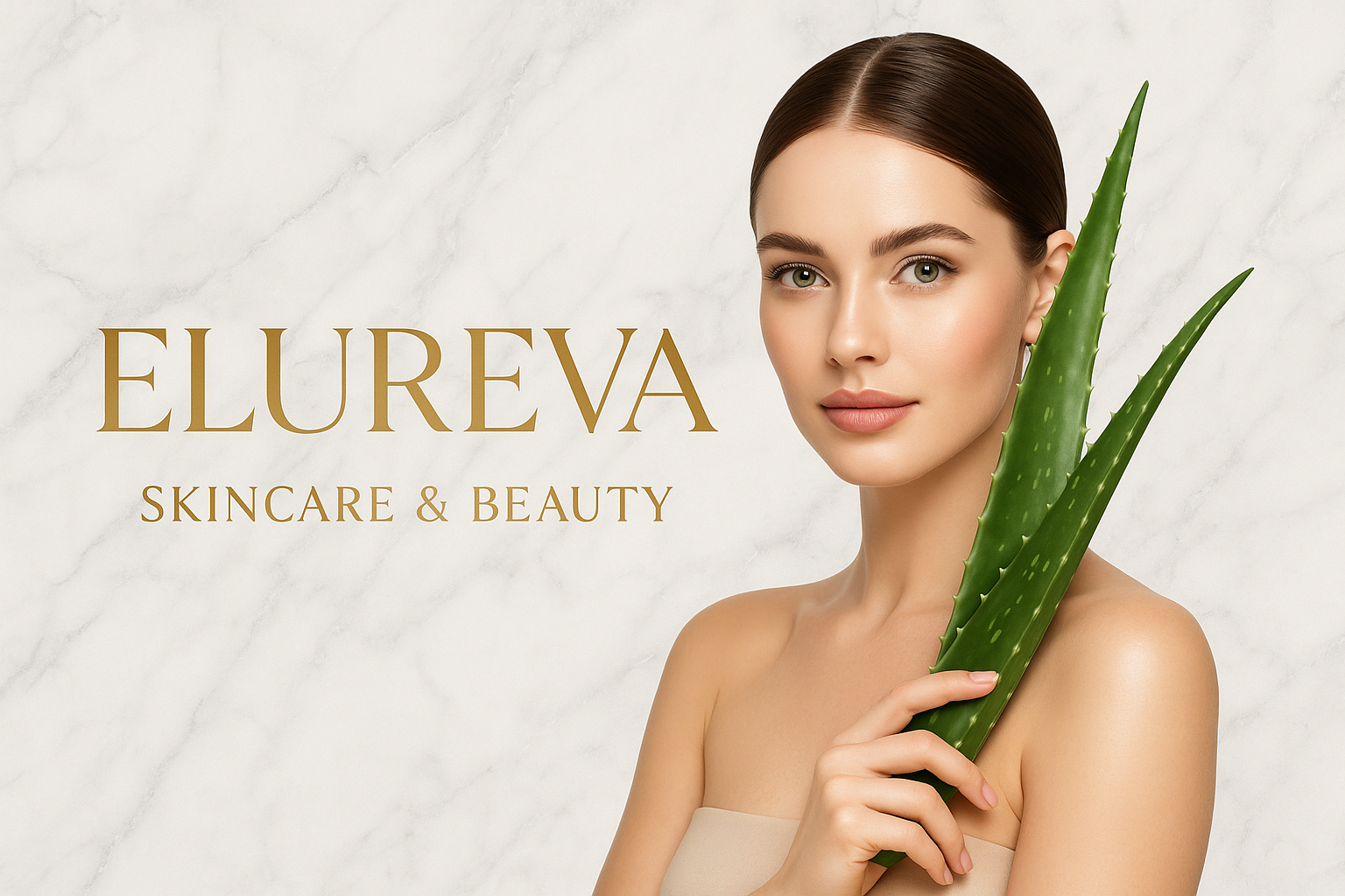 Woman holding an aloe vera leaf with 'Elureva Skincare & Beauty' branding on a light background